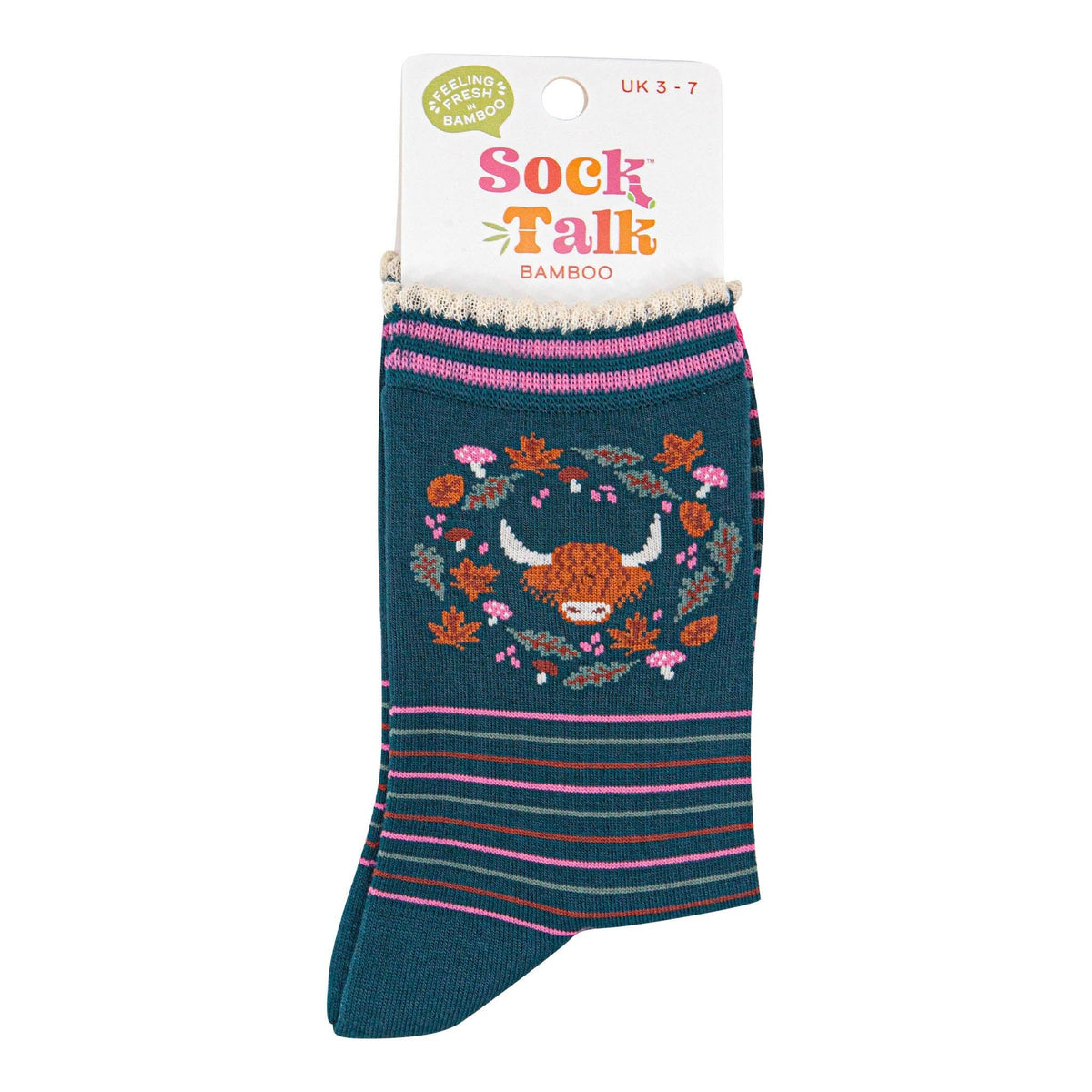 Women's Bamboo Socks - Green/Pink, Highland Cow Floral