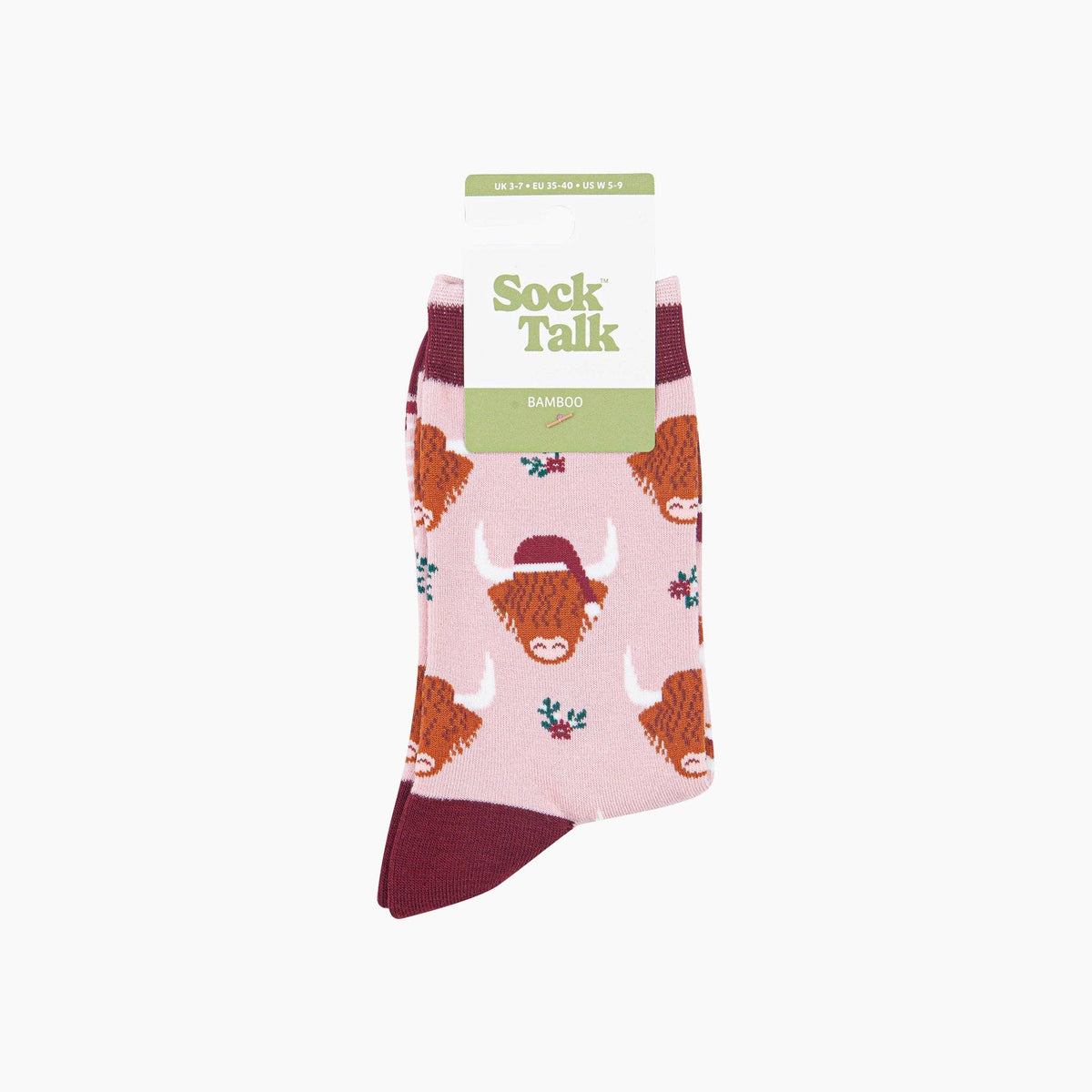 Christmas Highland Cow Women's Bamboo Socks in Soft Pink