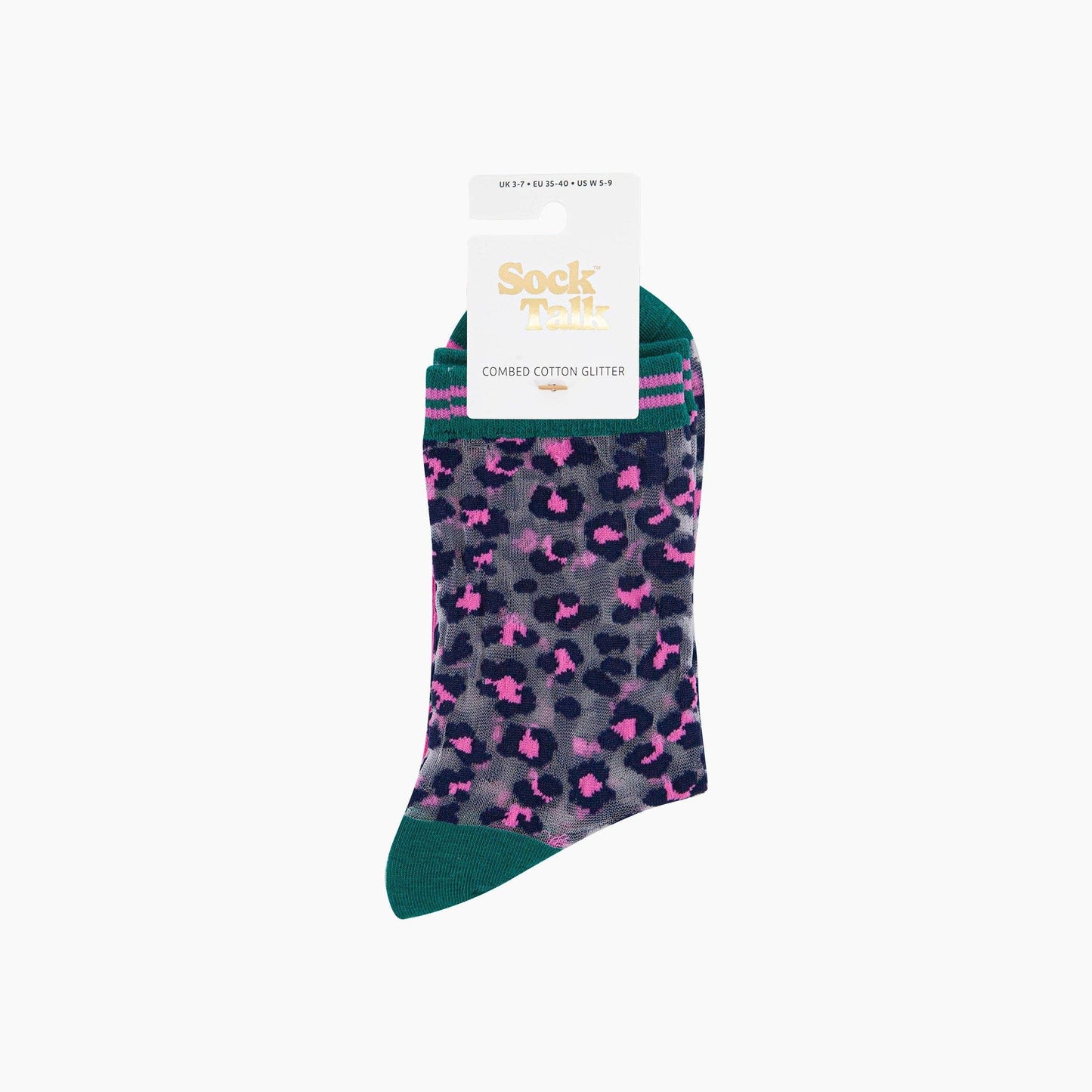 Leopard Print Combed Cotton Sheer Pop Socks in Green/Pink