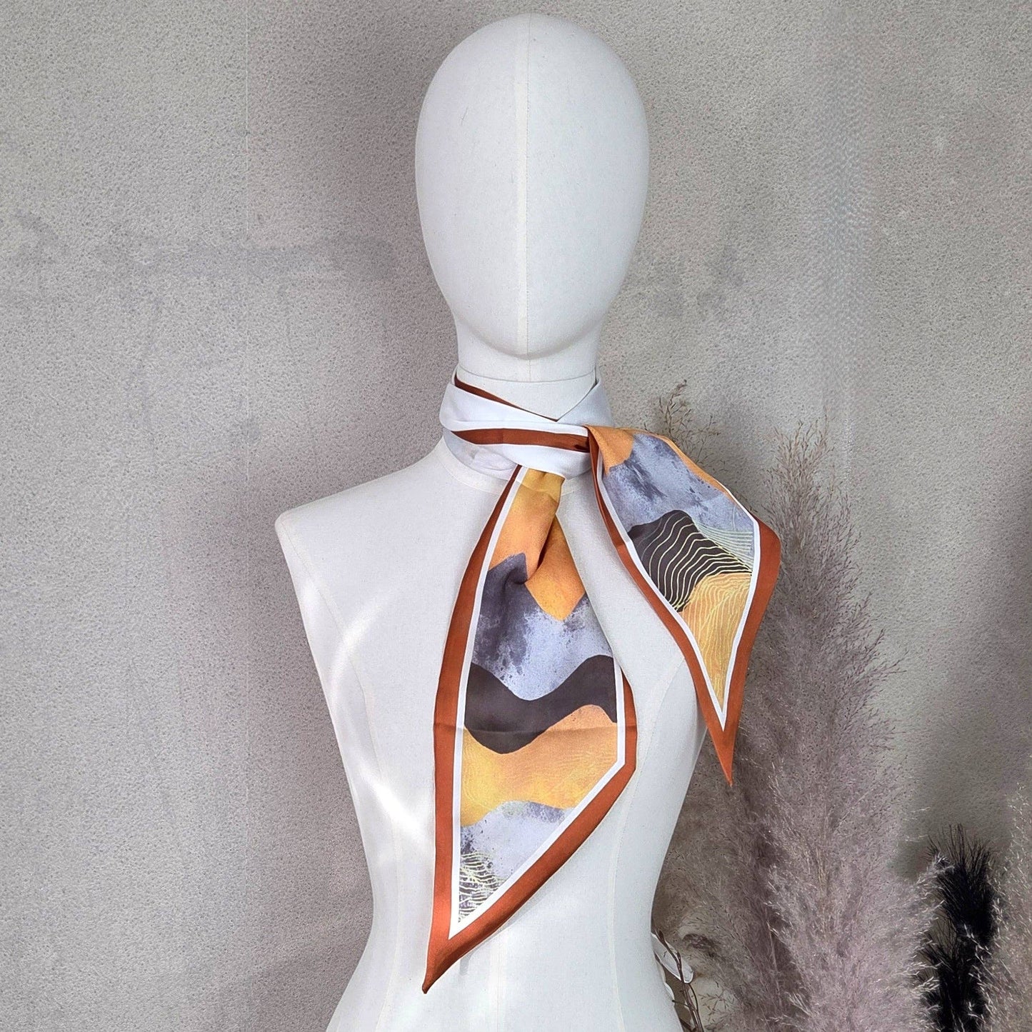 Artisan colour blend print silk feel scarf with ribbon finished edge