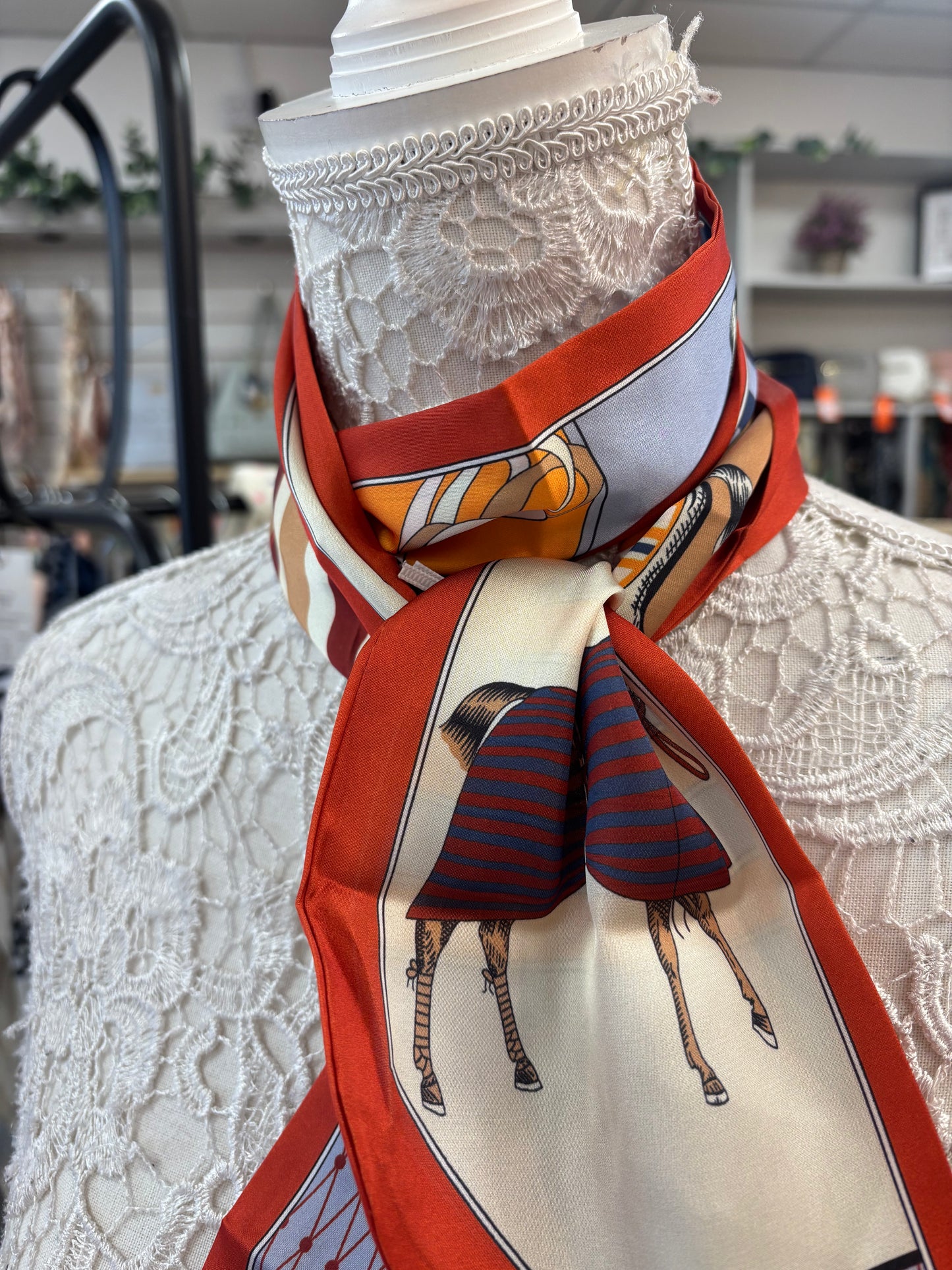 Equestrian vibes orange border silk feel scarf with ribbon finished edge
