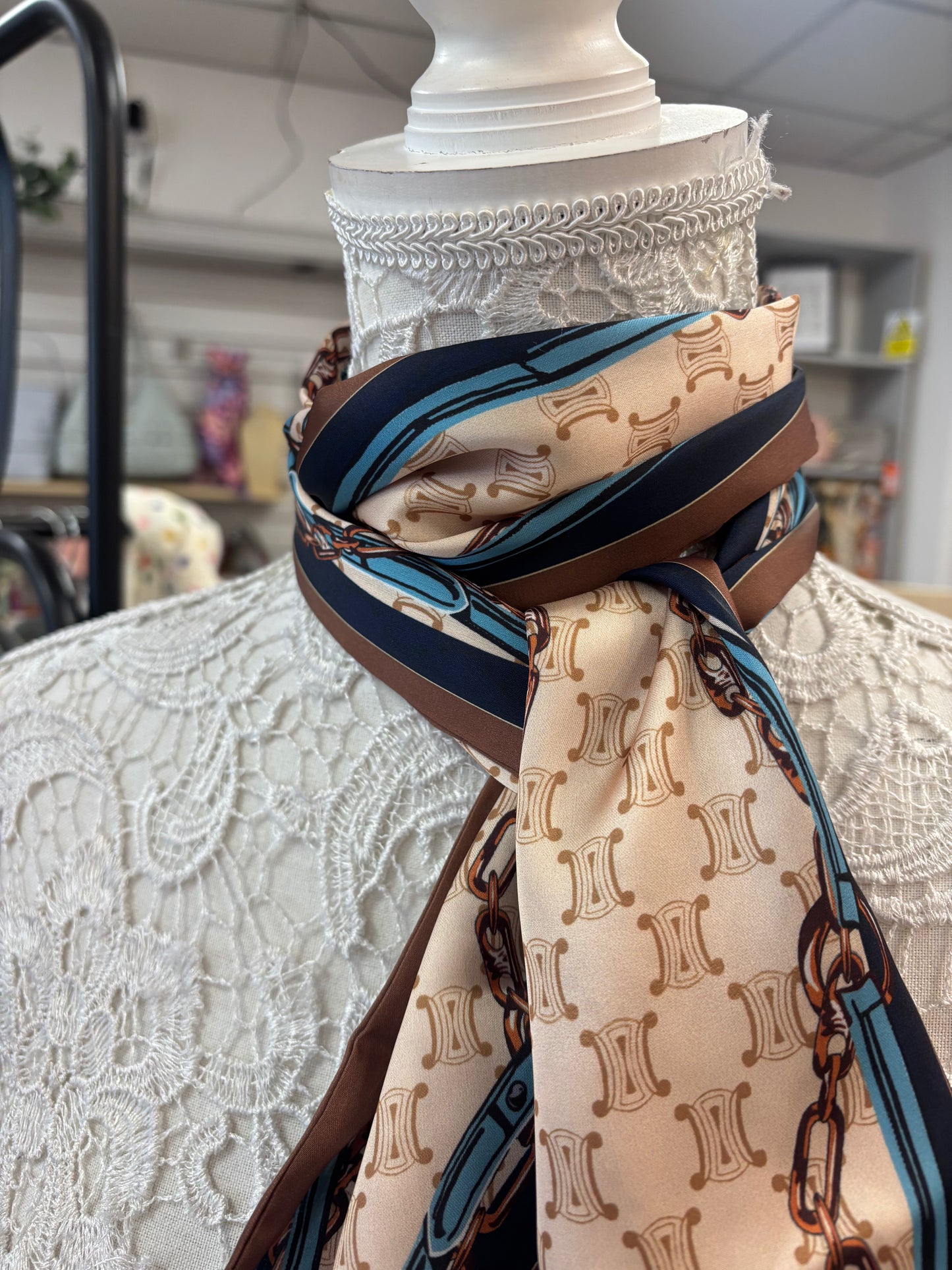 Buckle equestrian silk feel scarf with ribbon finished edge