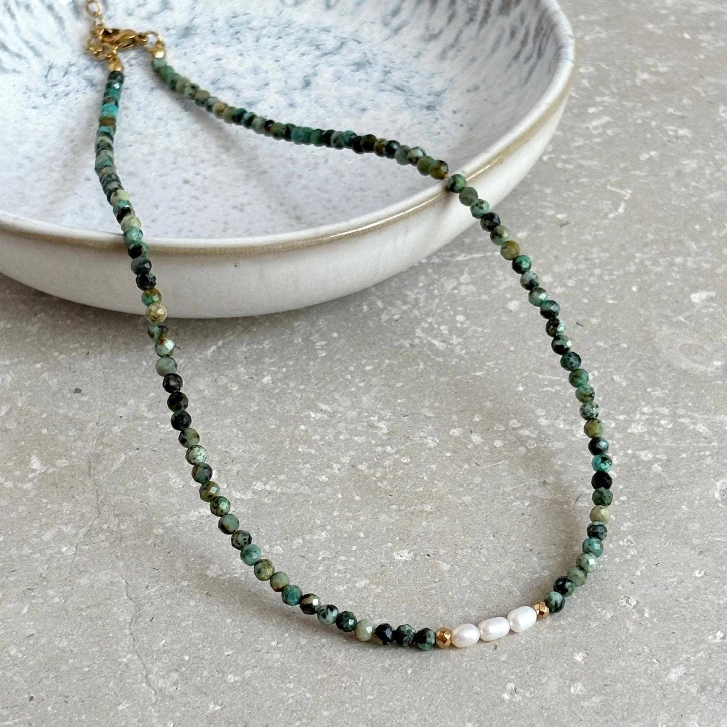 Tina Tarnish Resistant Triple Pearl and Green Gemstone Necklace