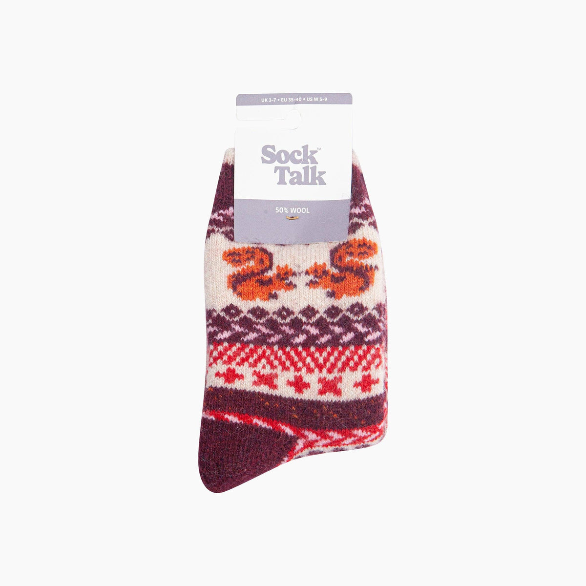 Squirrel Patterned 50% Wool Socks in Cream/Burgundy