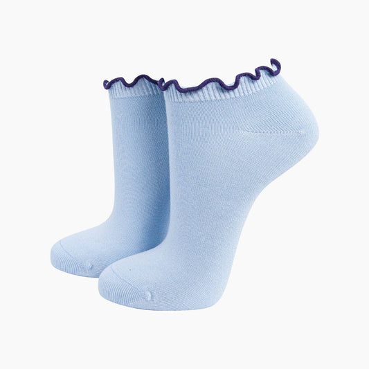 Frilly Trim Bamboo Trainer Socks in Blue/Navy