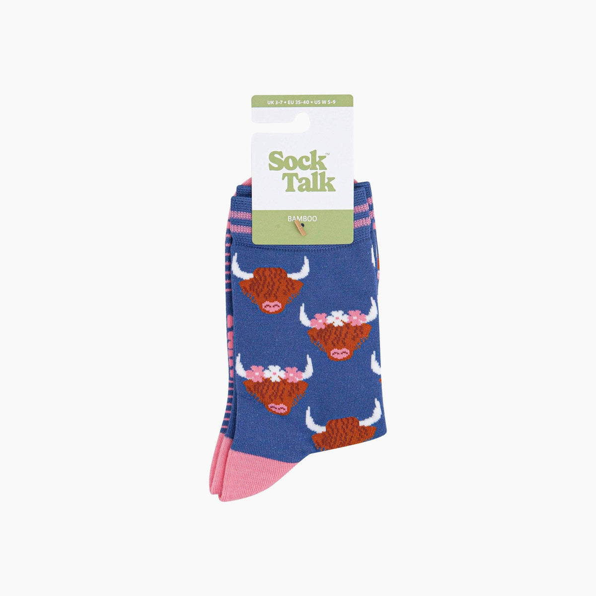 Floral Crown Highland Cow Bamboo Socks in Blue