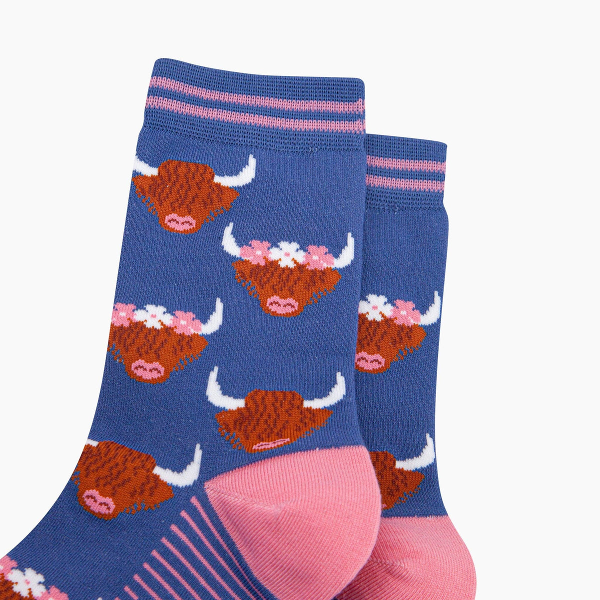 Floral Crown Highland Cow Bamboo Socks in Blue