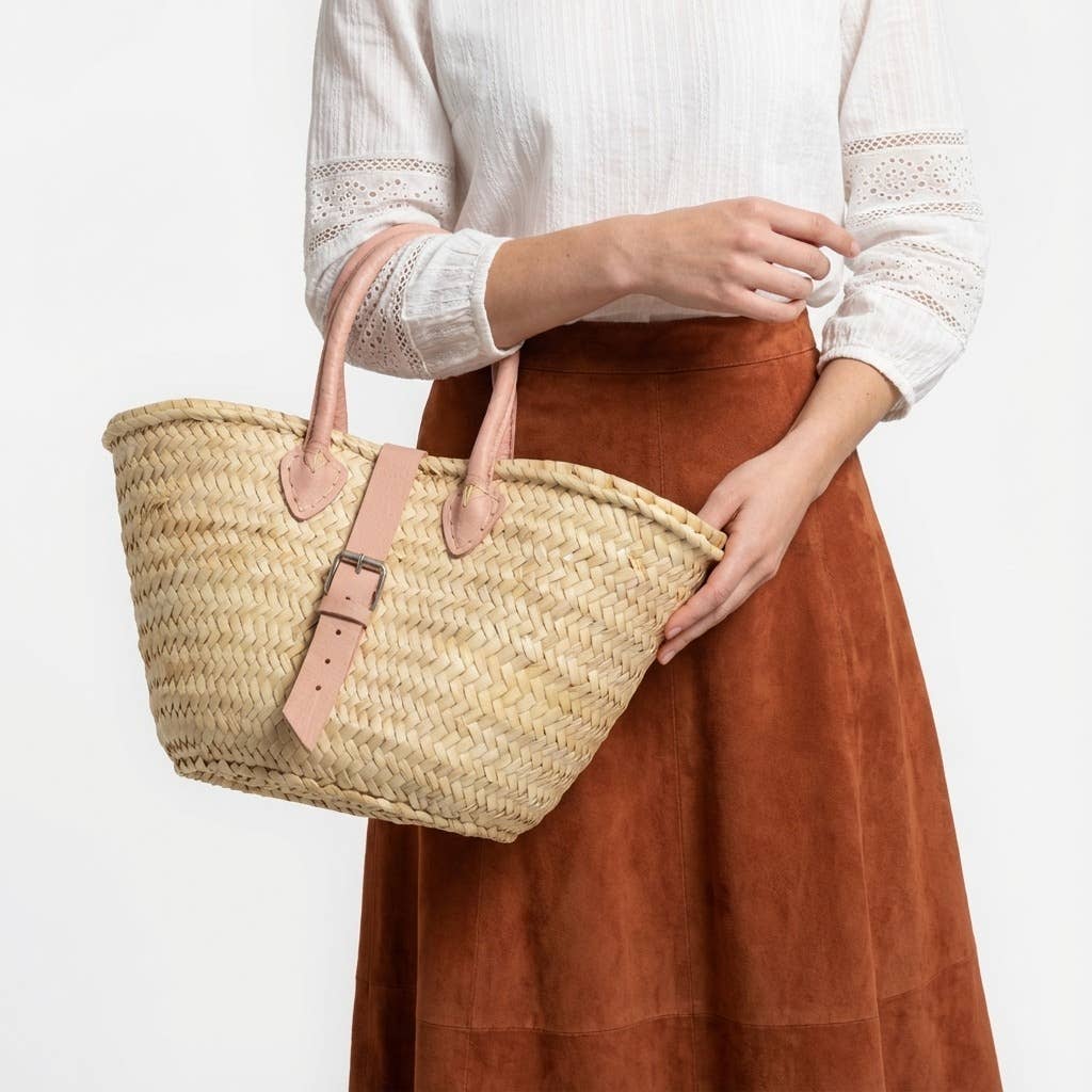 French Market Basket Leather Buckle Straw Bag