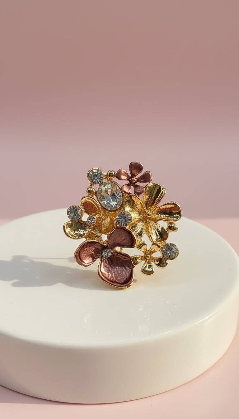 Floral Crystal Cluster Magnetic Enamel Brooch