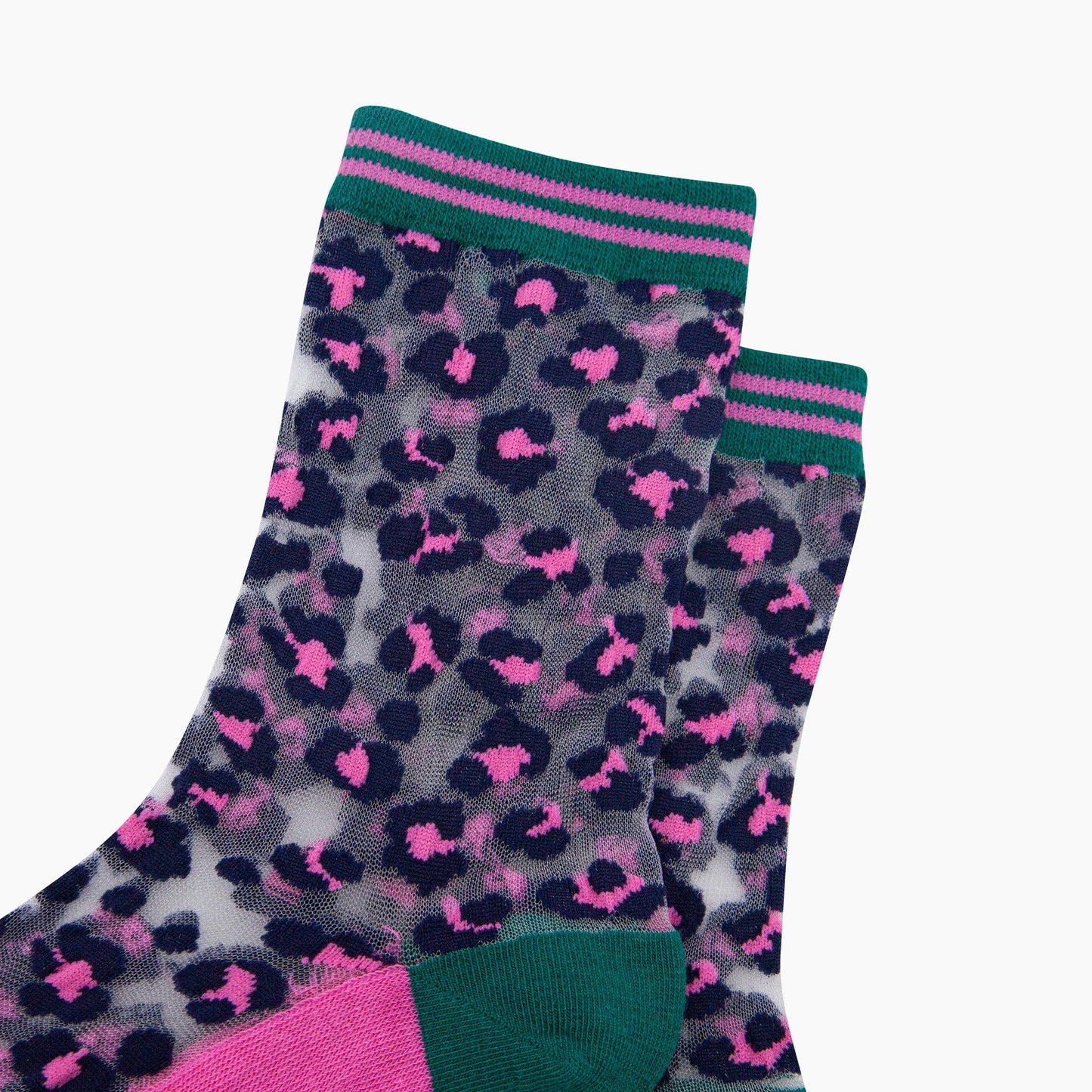 Leopard Print Combed Cotton Sheer Pop Socks in Green/Pink