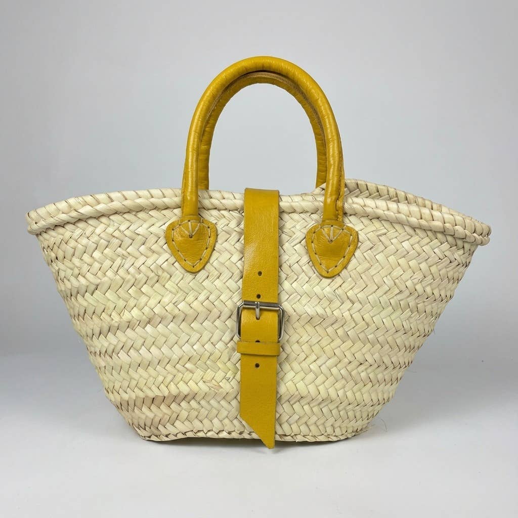 French Market Basket Leather Buckle Straw Bag