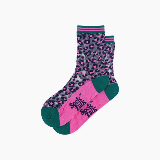 Leopard Print Combed Cotton Sheer Pop Socks in Green/Pink