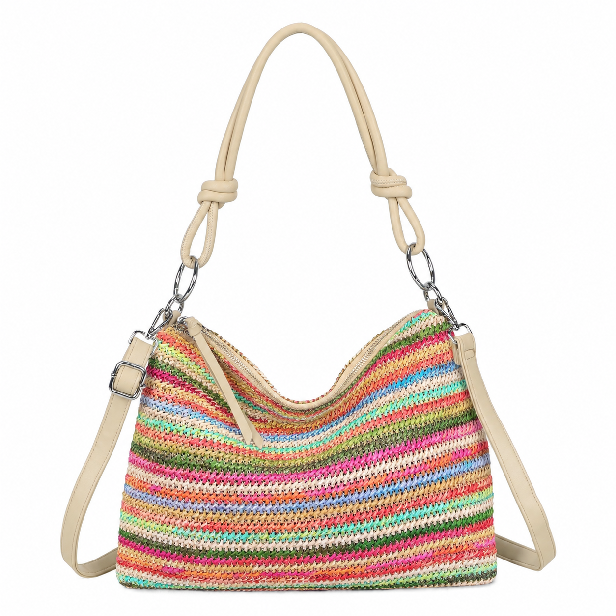 Nansy Natural Straw Stripe Shoulder Bag with Knot Handle