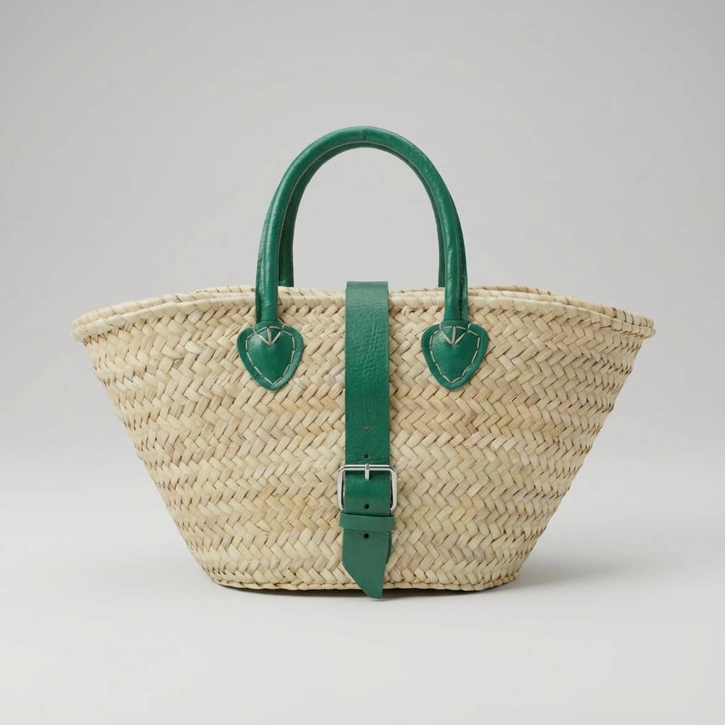 French Market Basket Leather Buckle Straw Bag
