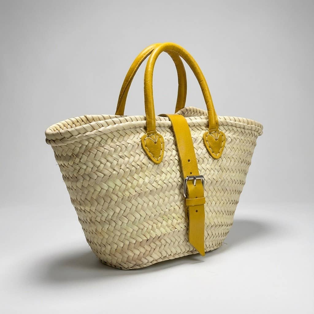 French Market Basket Leather Buckle Straw Bag