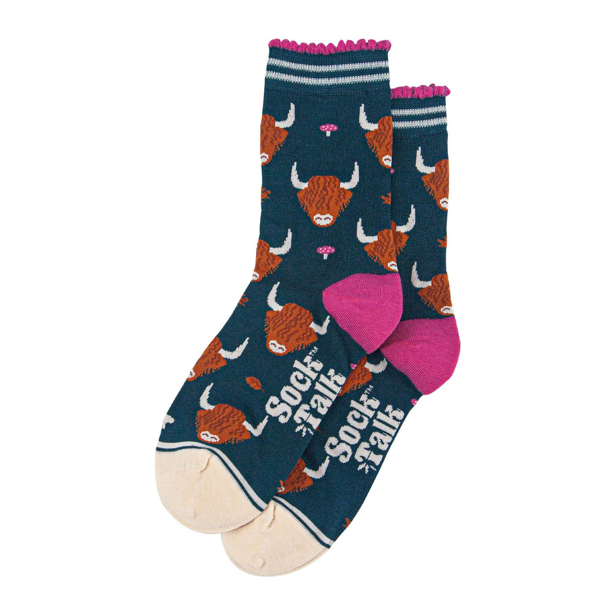 Women's Bamboo Socks - Green/Cream, Highland Cow Leaves