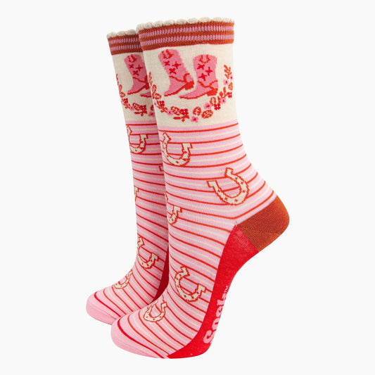 Cowboy Boot Stripe Bamboo Socks in Pink