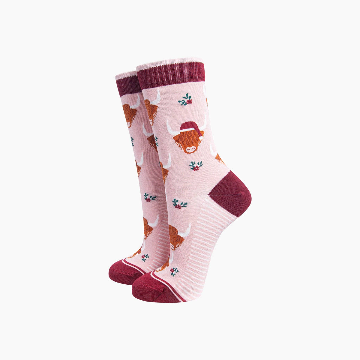 Christmas Highland Cow  Women's Bamboo Socks in Soft Pink