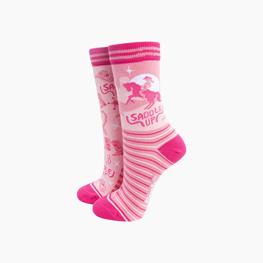 Saddle Up Horse Combed Cotton Odd Socks in Pink