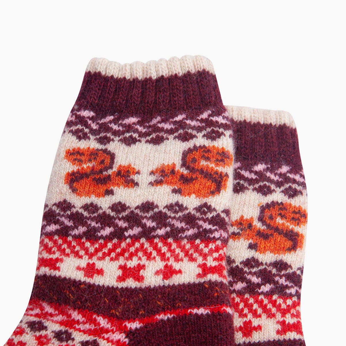 Squirrel Patterned 50% Wool Socks in Cream/Burgundy
