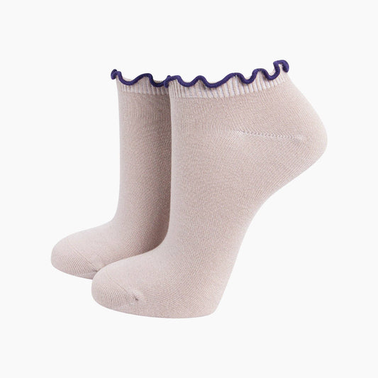 Frilly Trim Bamboo Trainer Socks in Beige/Purple