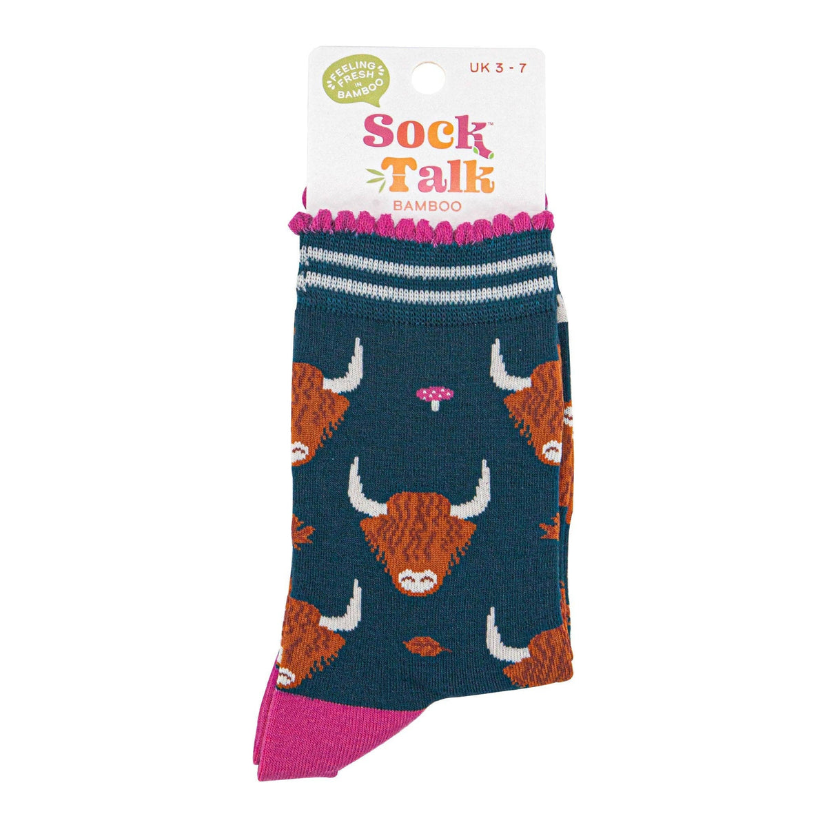 Women's Bamboo Socks - Green/Cream, Highland Cow Leaves