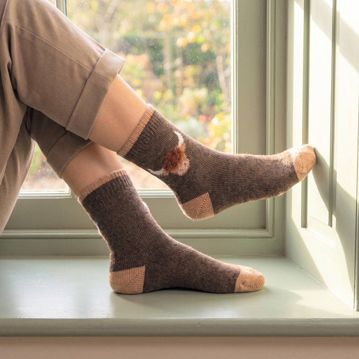 Highland Cow Wool Fluffy Element Socks in Brown