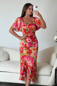 Heidi Orange Floral Midi Dress