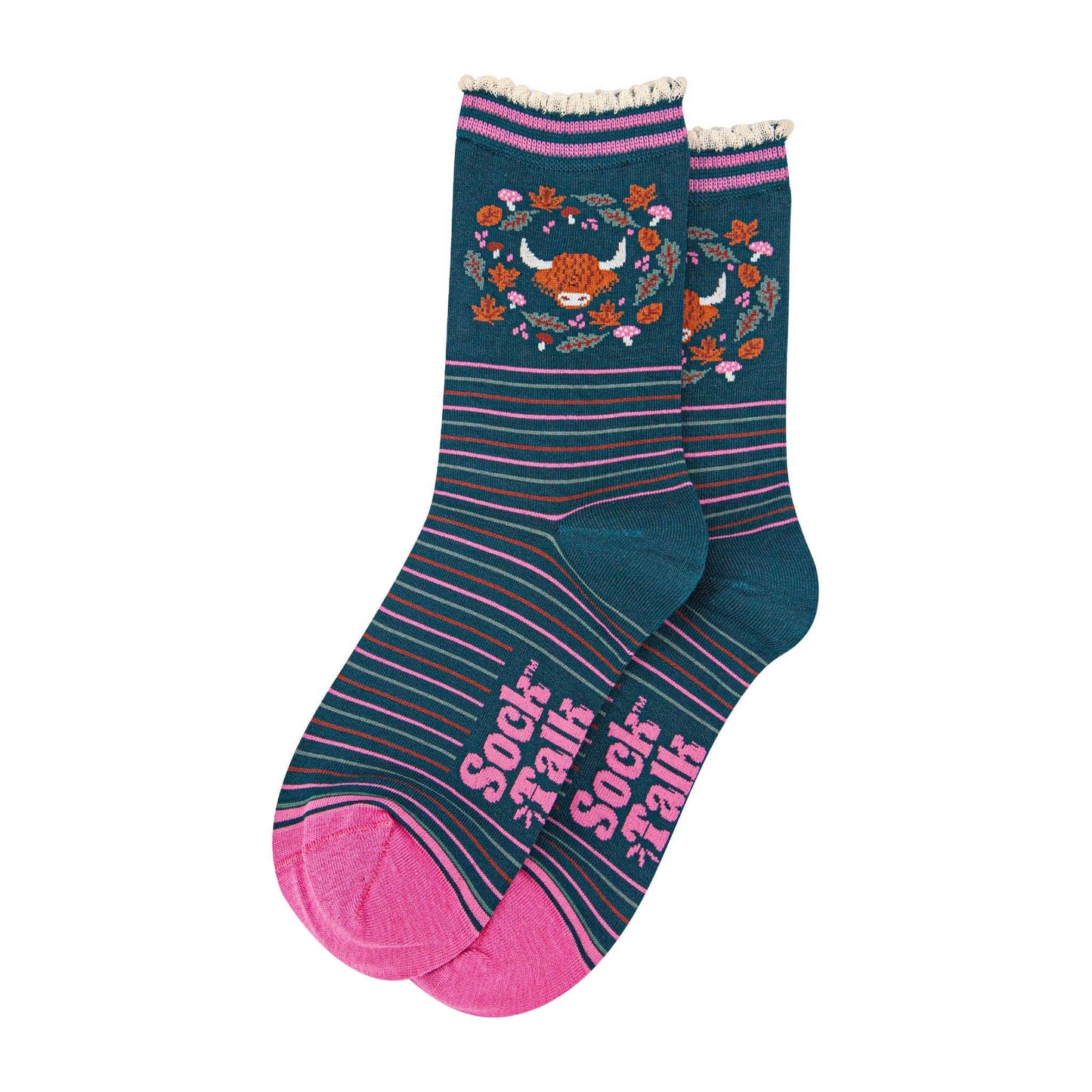 Women's Bamboo Socks - Green/Pink, Highland Cow Floral