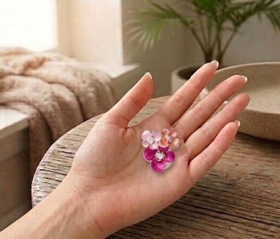Magnetic Enamel Floral Brooch – Silver & Pink