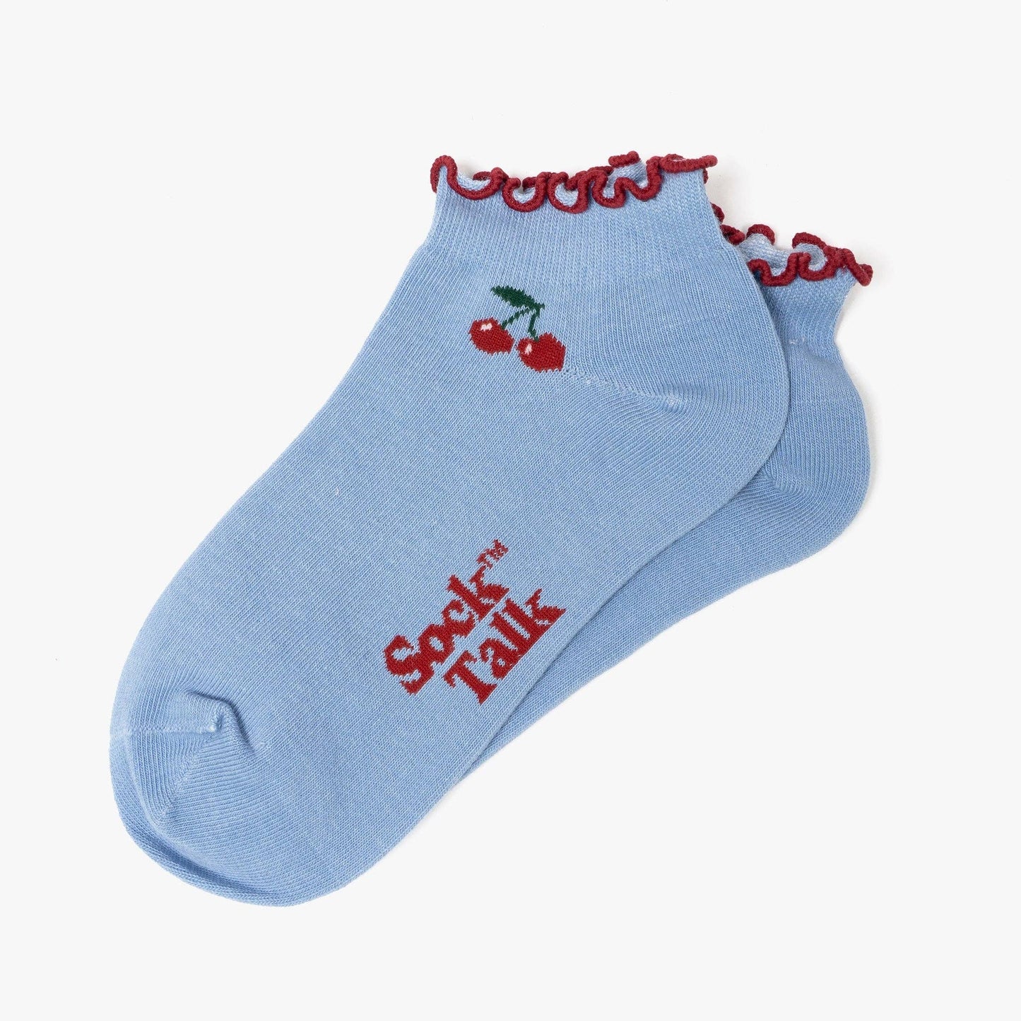 Cherry Frilled Cuff Combed Cotton Trainer Socks in Blue