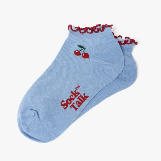 Cherry Frilled Cuff Combed Cotton Trainer Socks in Blue
