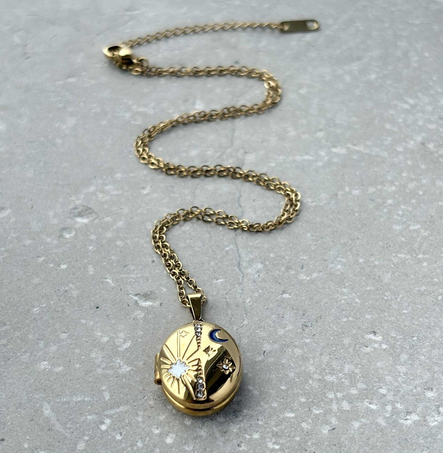 Tarnish Resistant Celestial Locket Necklace With Blue Moon
