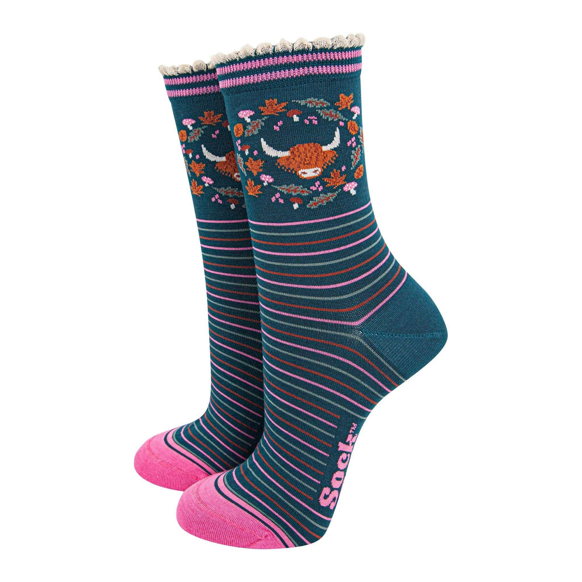 Women's Bamboo Socks - Green/Pink, Highland Cow Floral