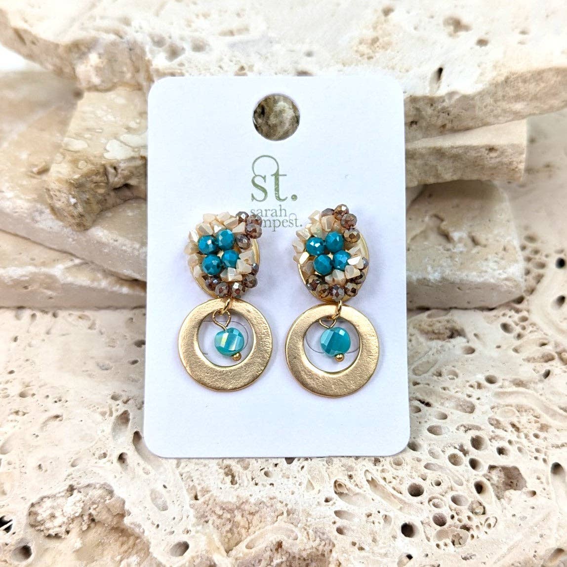 Dora Dangle earrings with bead encrusted post and flat ring element