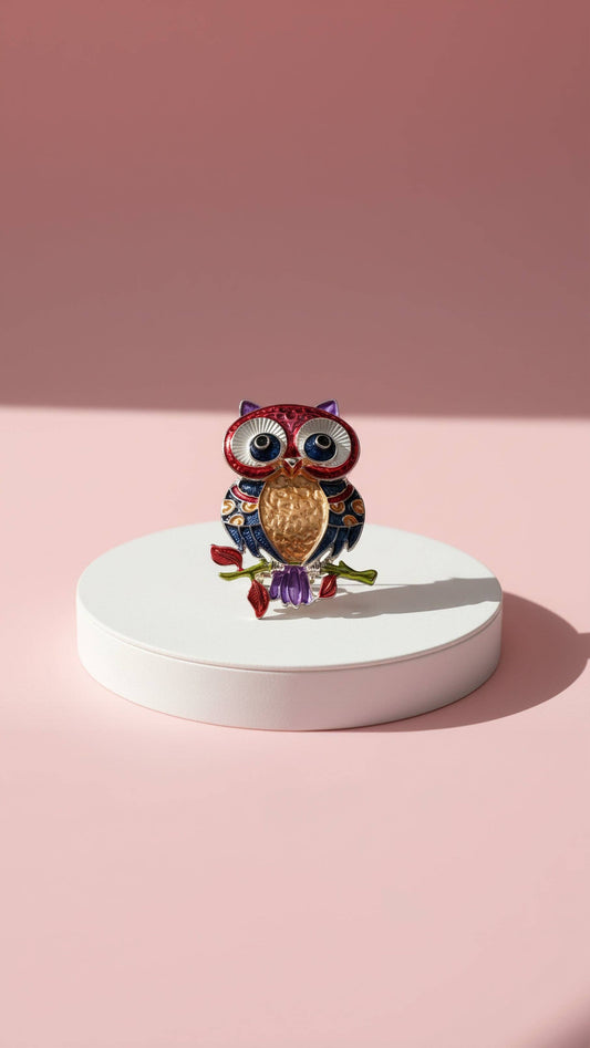 Owl On Branch Colorful Magnetic Brooch