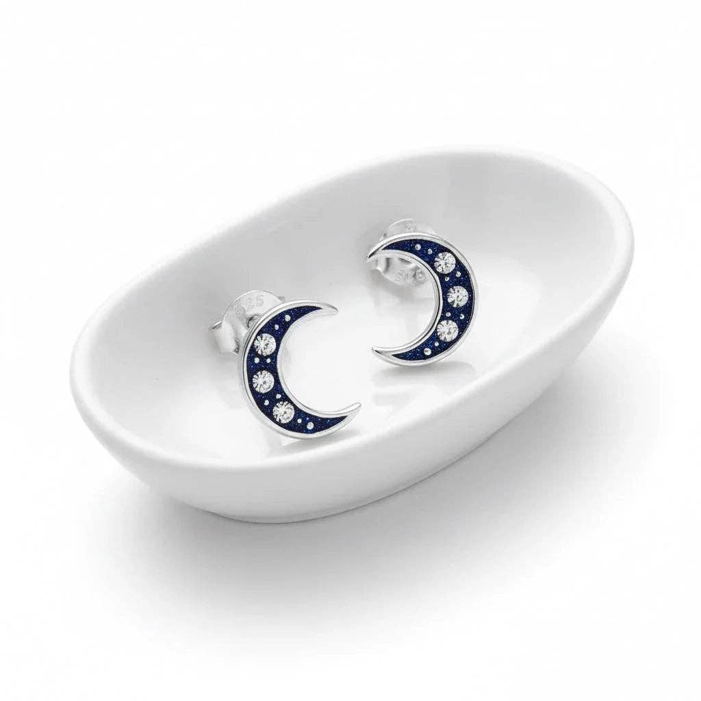Sterling Silver Earrings – Handcrafted Moon Studs With Gift Box & Love Card