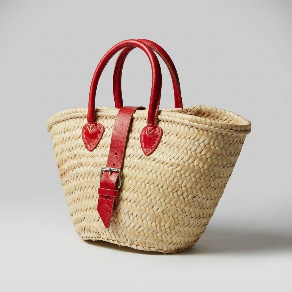 French Market Basket Leather Buckle Straw Bag
