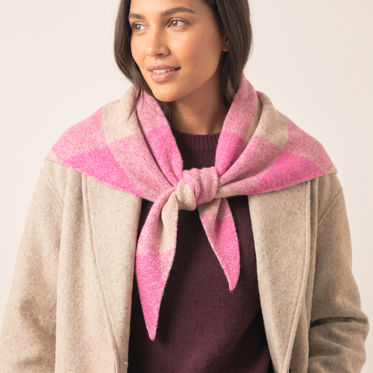 Cheryl Check Triangle Heavyweight Scarf in Pink/Cream