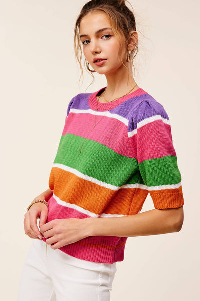 Maisy Color Block Striped Puffy Sleeve Sweater Top