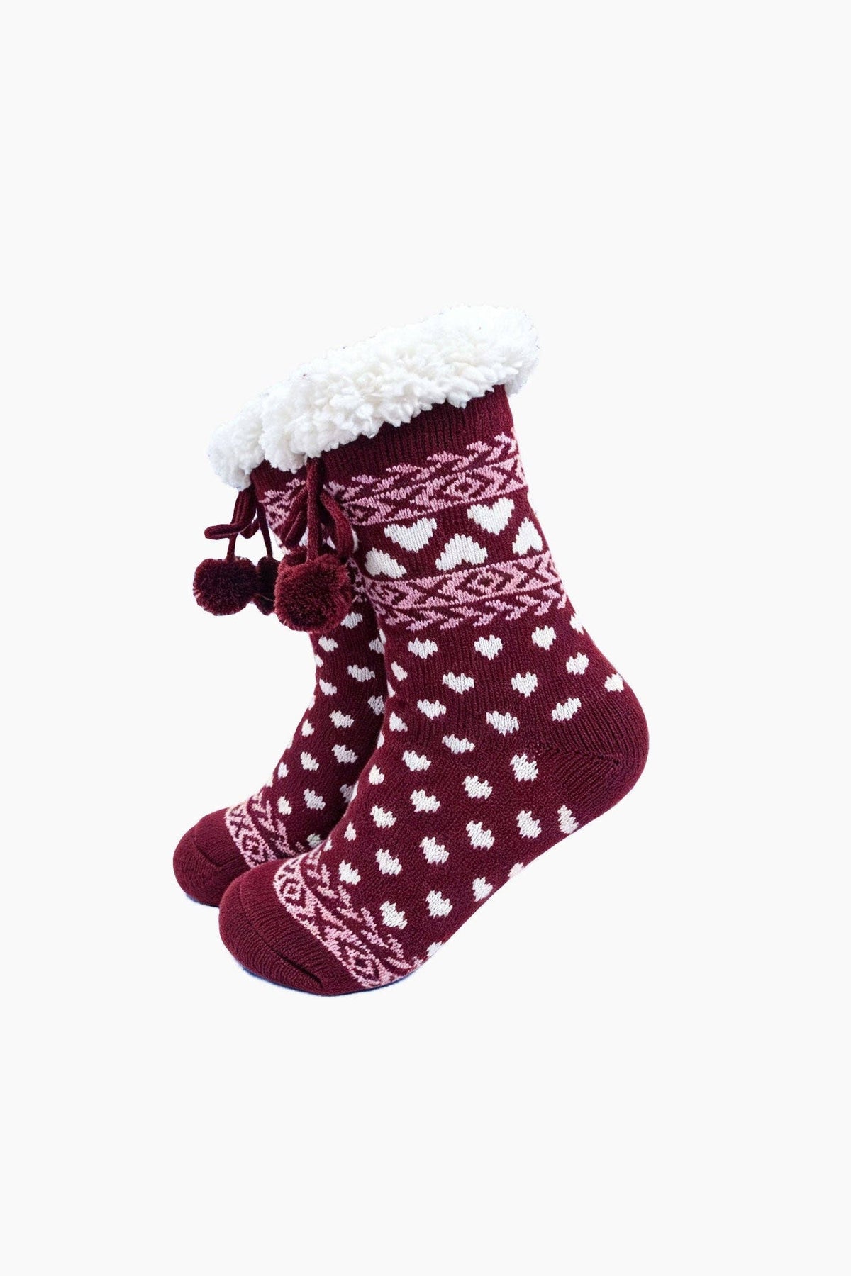Heart Long Slipper Socks in Burgundy