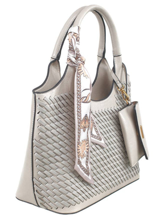 FRAN FASHIONABLE WOVEN TEXTURAL TOTE WITH SCARF
