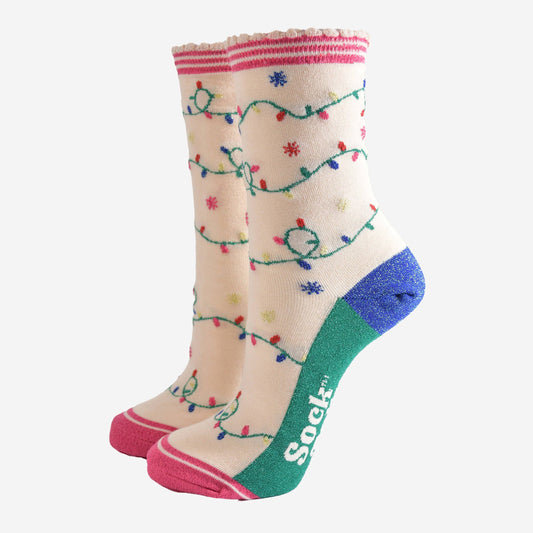 Women's Bamboo Socks - Cream/Pink, Party Lights