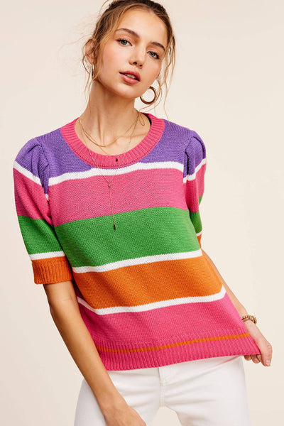 Maisy Color Block Striped Puffy Sleeve Sweater Top
