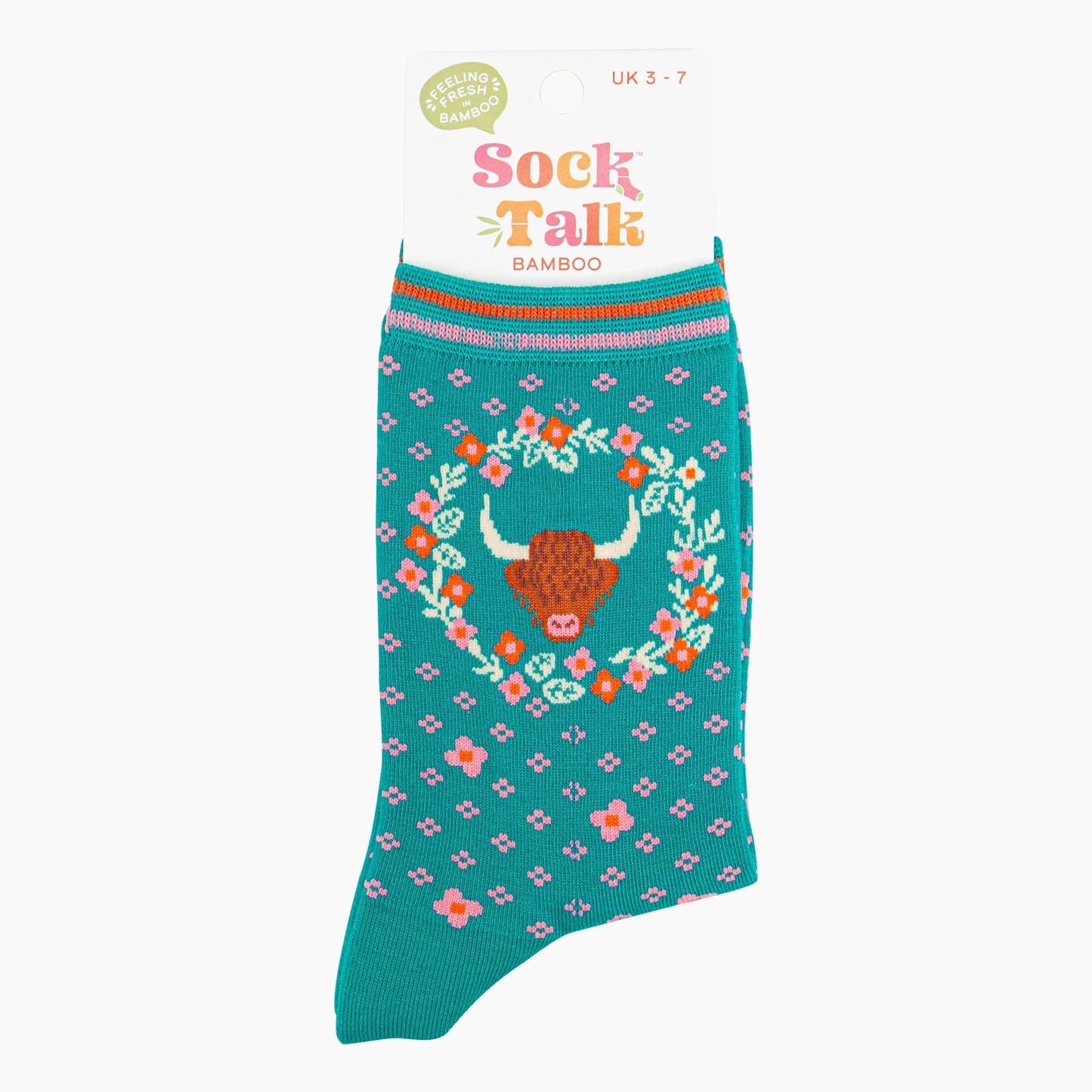 Women's Bamboo Socks - Teal, Highland Cow Floral Wreath