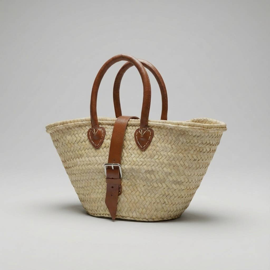 French Market Basket Leather Buckle Straw Bag