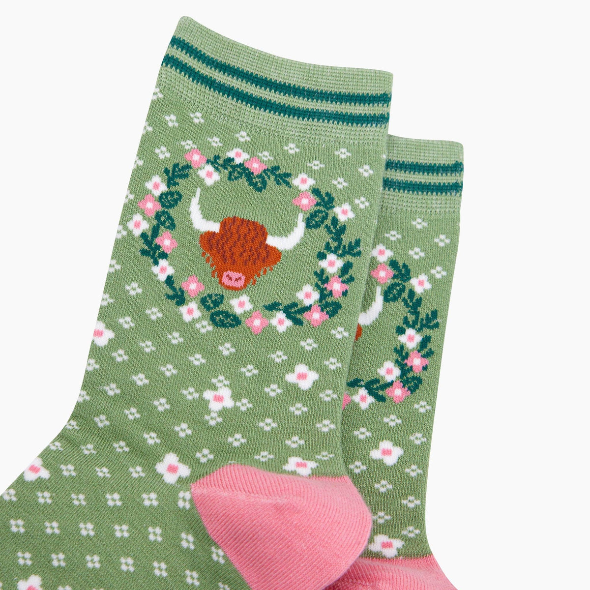 Highland Cow Floral Wreath Bamboo Socks in Green