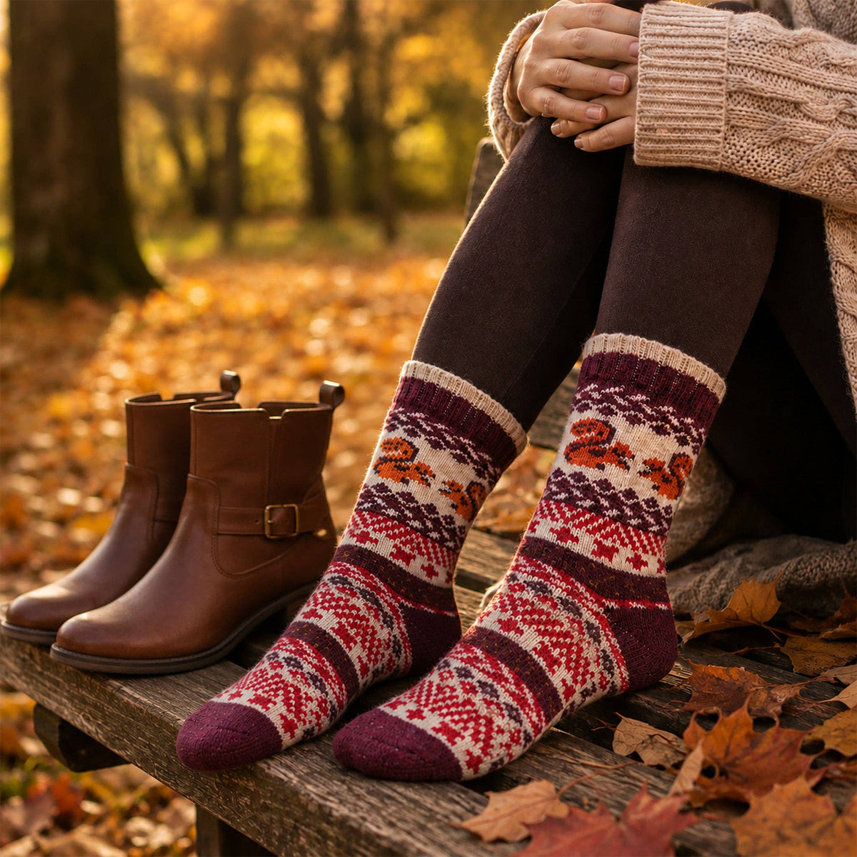 Squirrel Patterned 50% Wool Socks in Cream/Burgundy