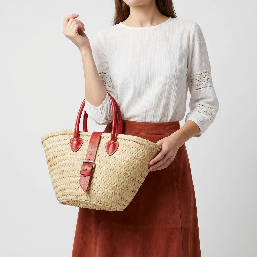 French Market Basket Leather Buckle Straw Bag