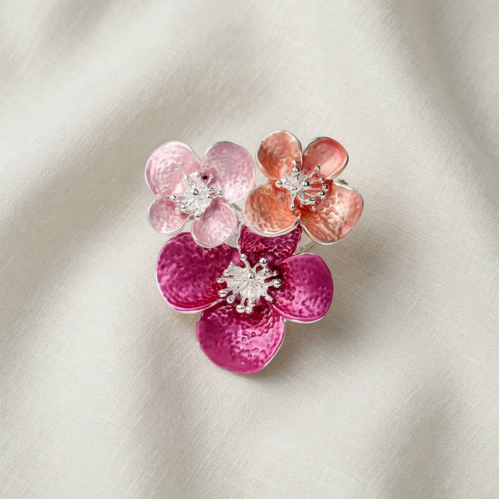 Magnetic Enamel Floral Brooch – Silver & Pink